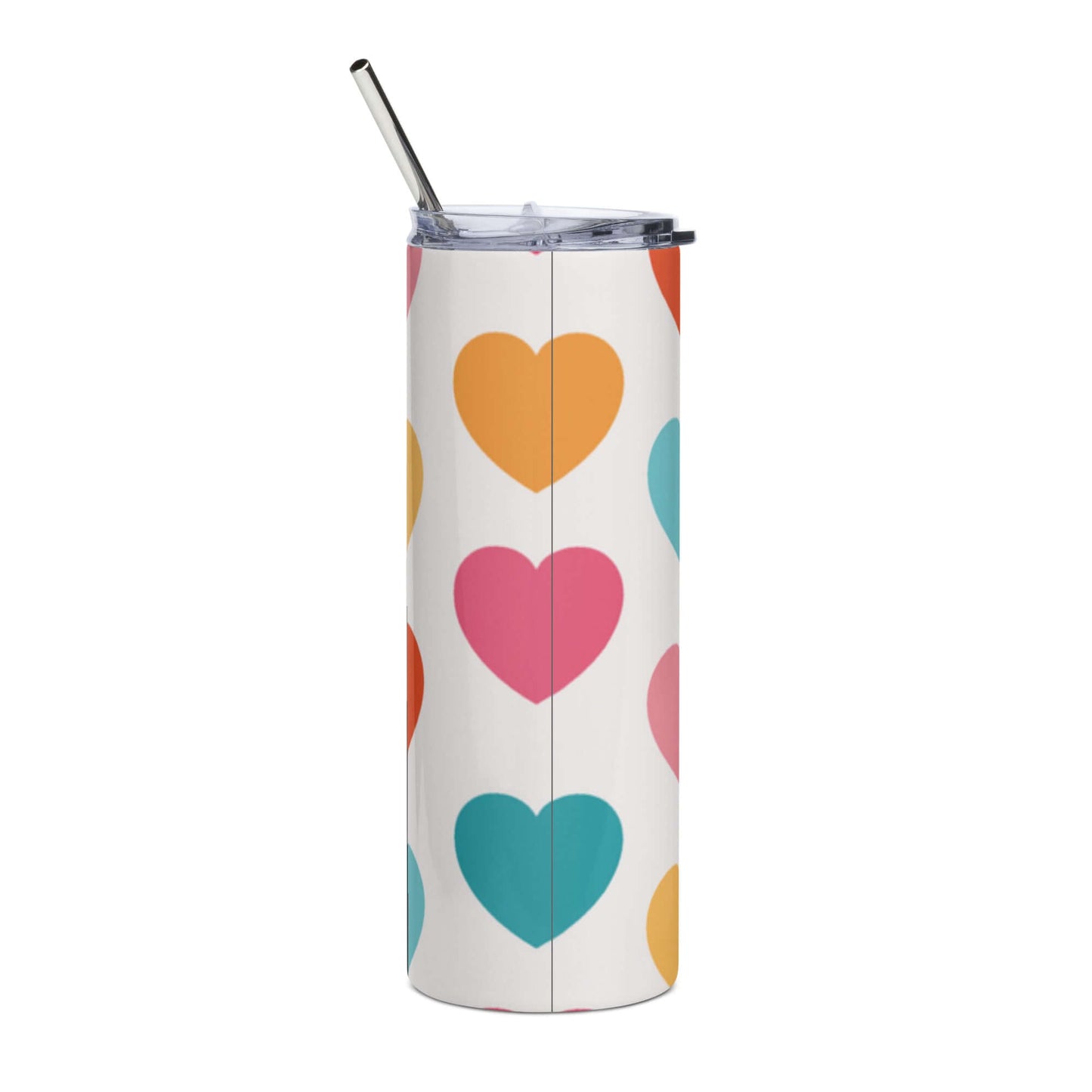 Stainless Steel Tumbler with Lid and Straw - Colourful Heart pattern