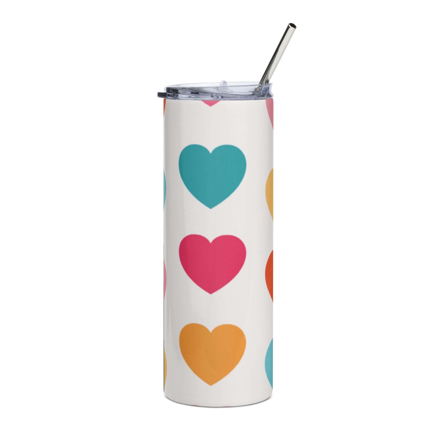 Stainless Steel Tumbler with Lid and Straw - Colourful Heart pattern