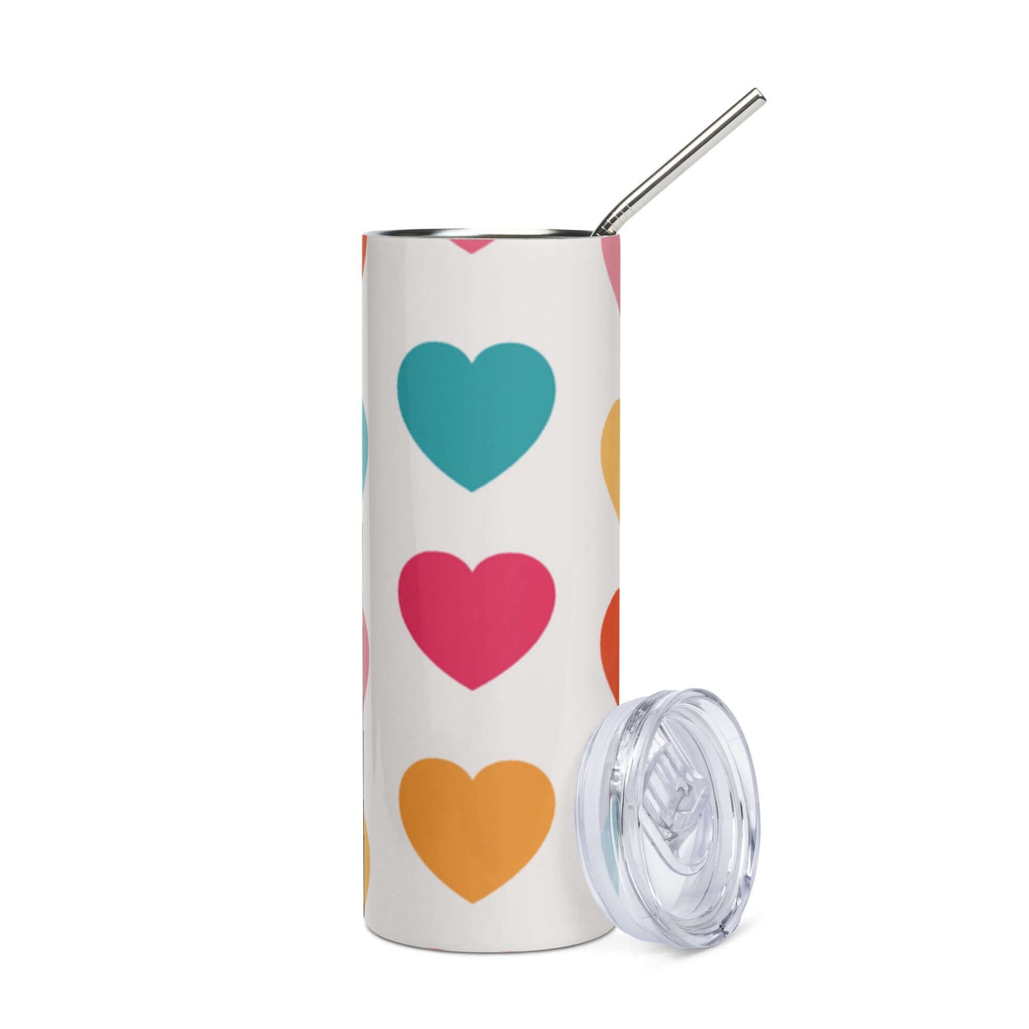 Stainless Steel Tumbler with Lid and Straw - Colourful Heart pattern