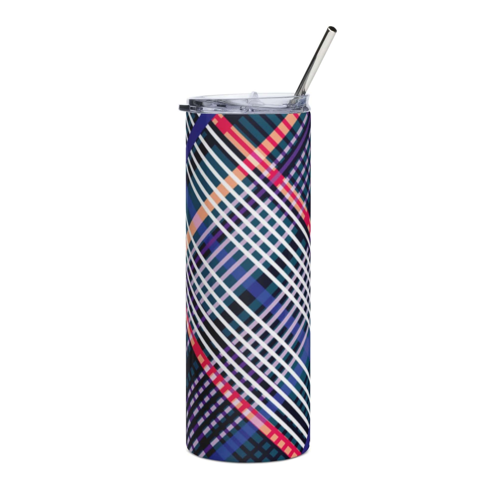 Stainless Steel Tumbler with Lid and Straw - Tartan Plaid Pattern