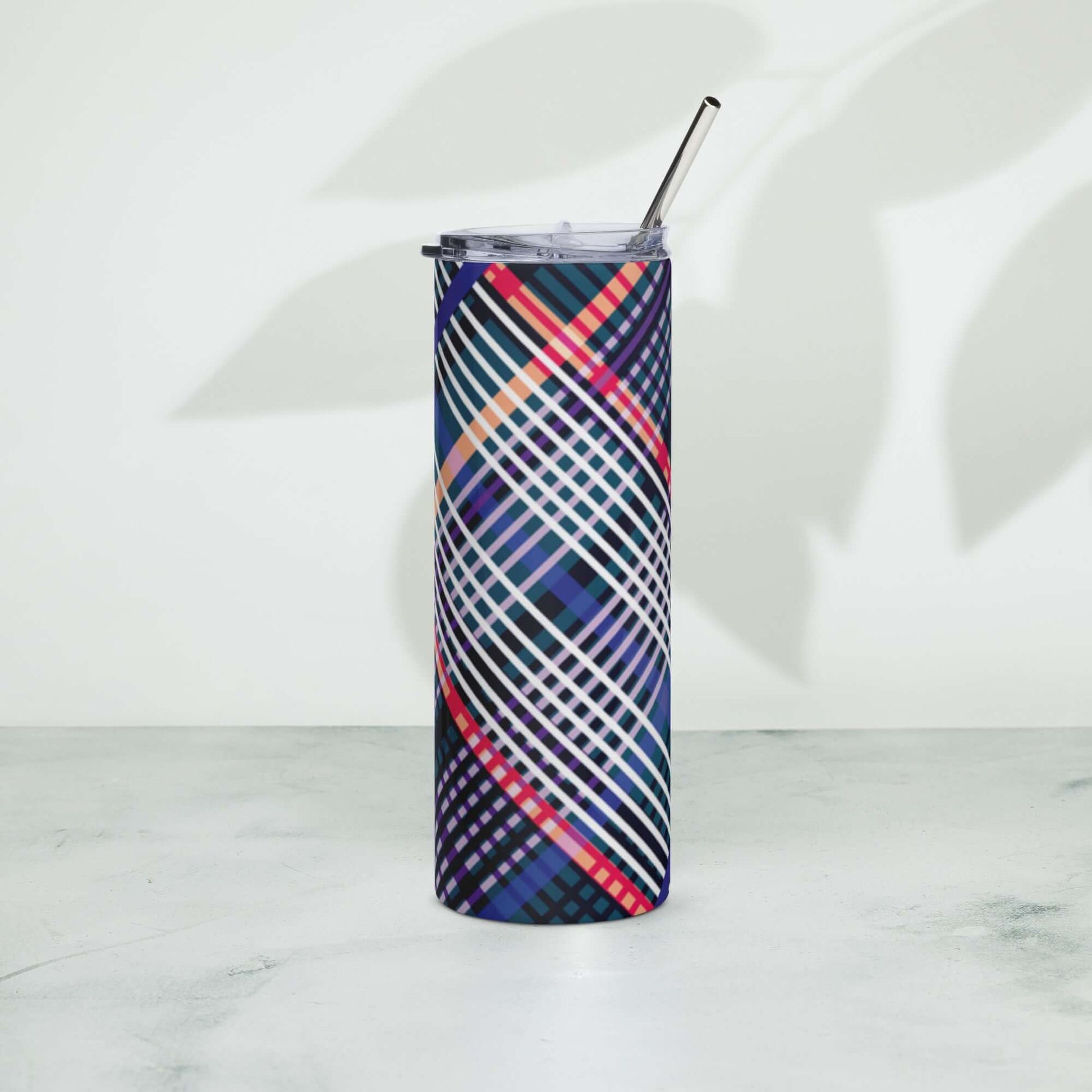 Stainless Steel Tumbler with Lid and Straw - Tartan Plaid Pattern