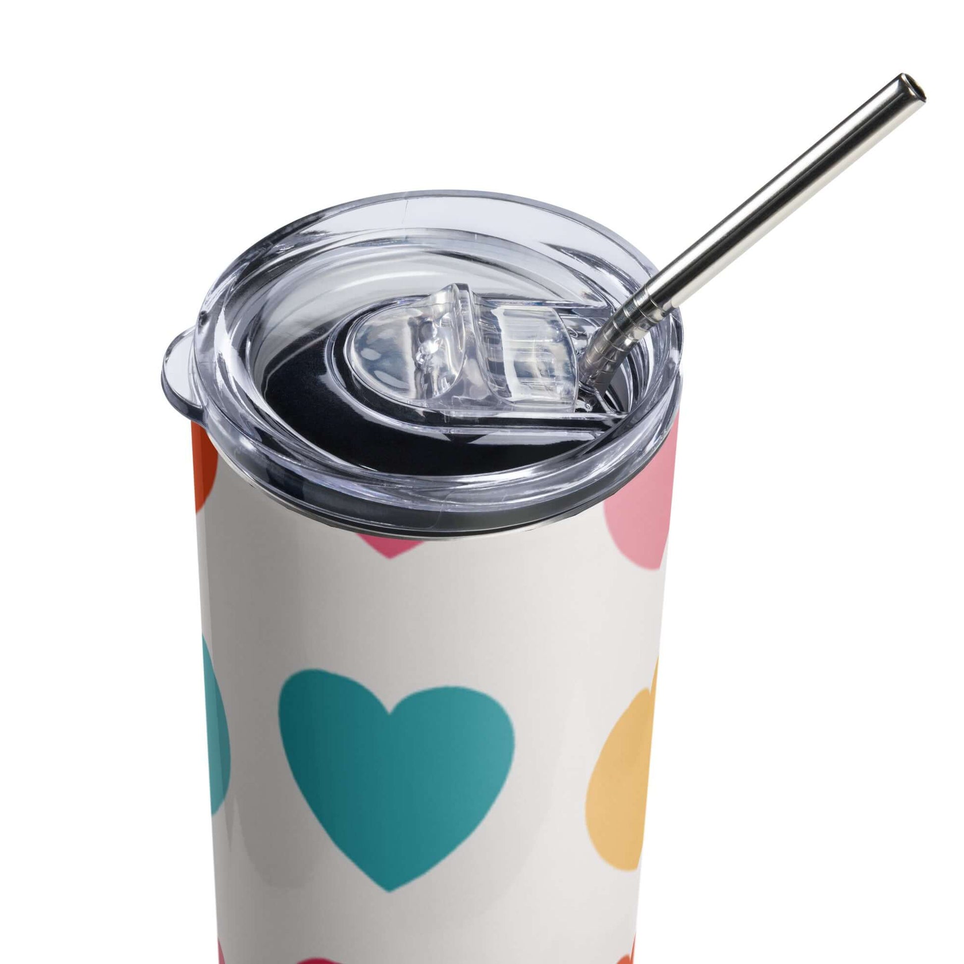 Stainless Steel Tumbler with Lid and Straw - Colourful Heart pattern