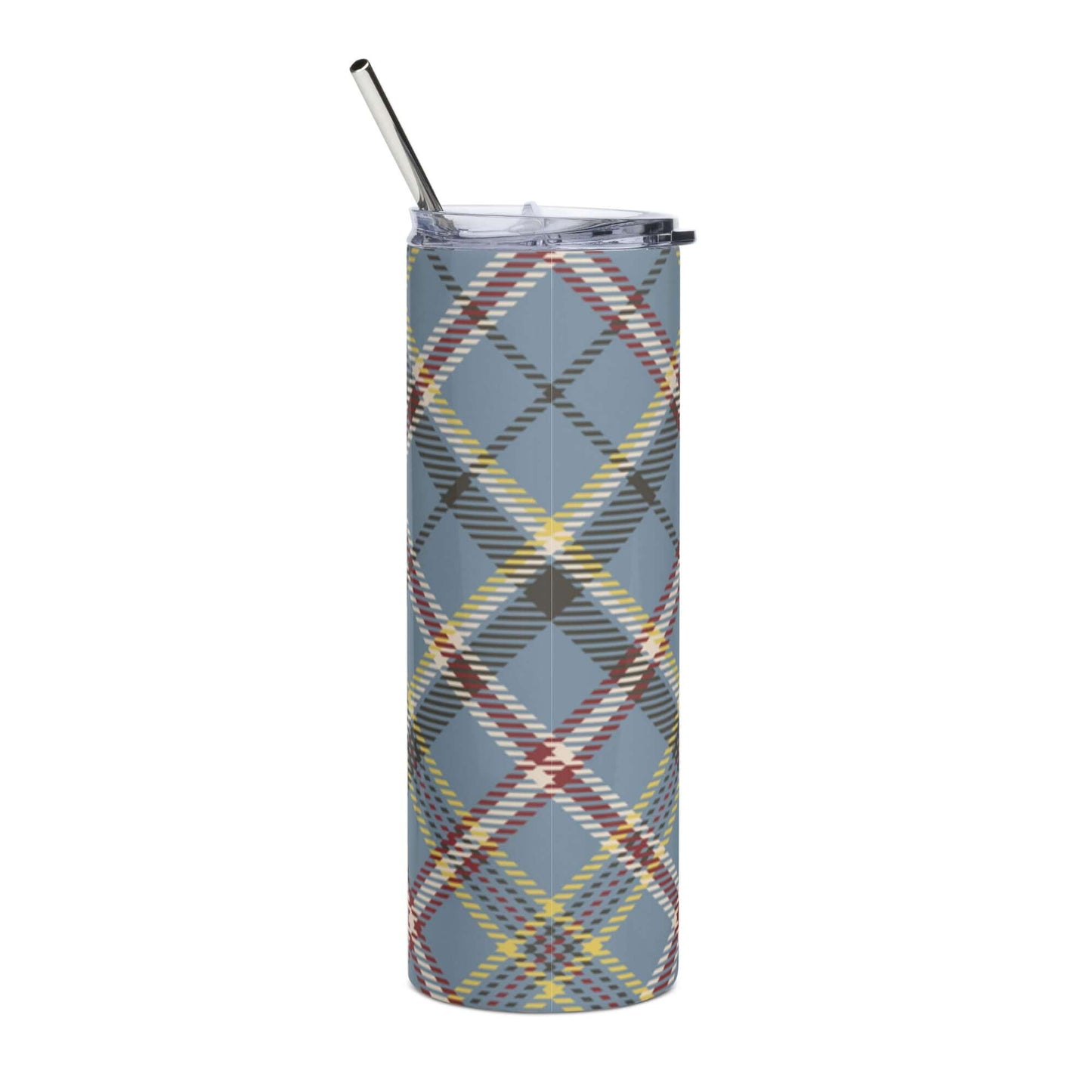 Stainless Steel Tumbler with lid and Straw - Blue Tartan Plaid Pattern