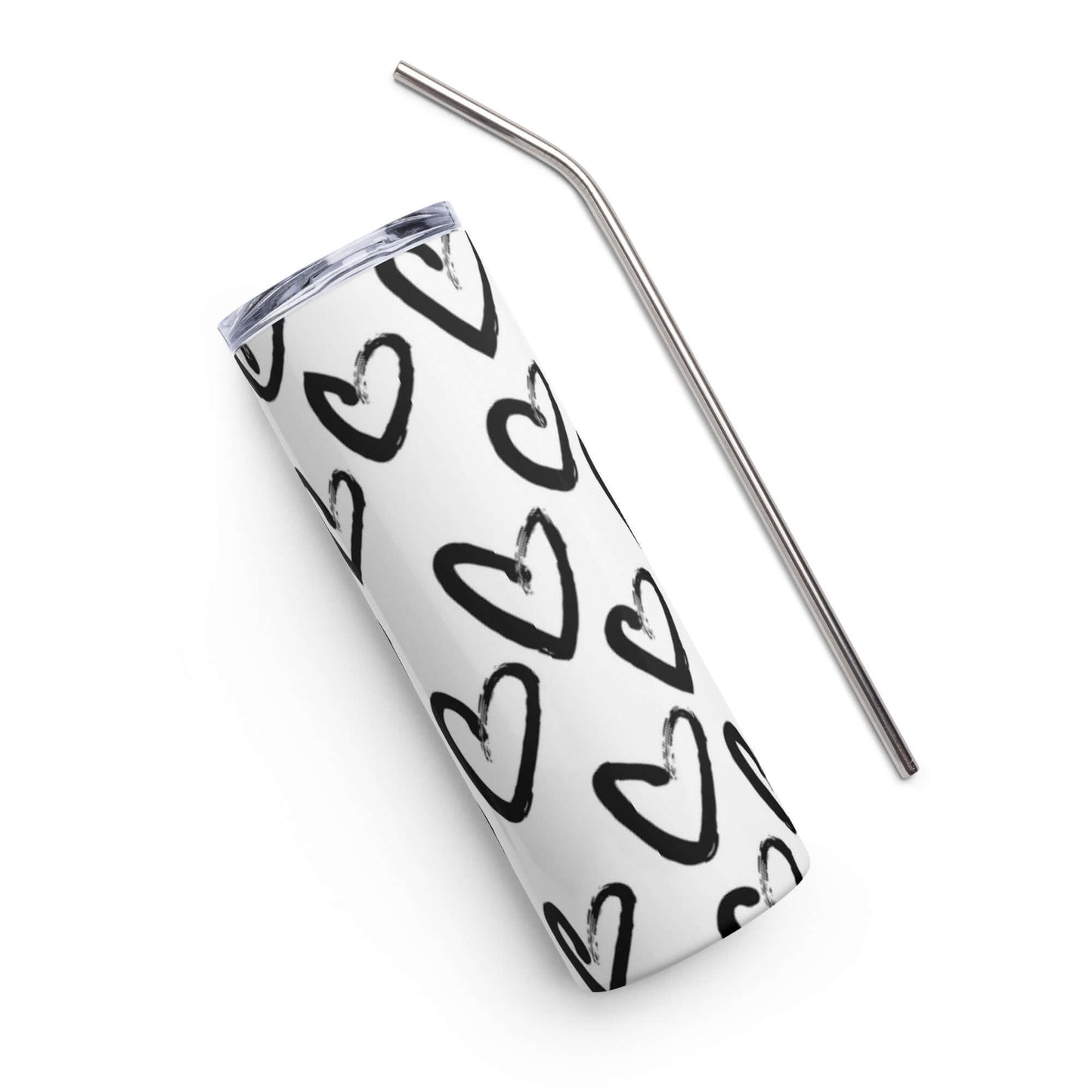 Stainless Steel Tumbler with lid and straw - Black heart on white background pattern