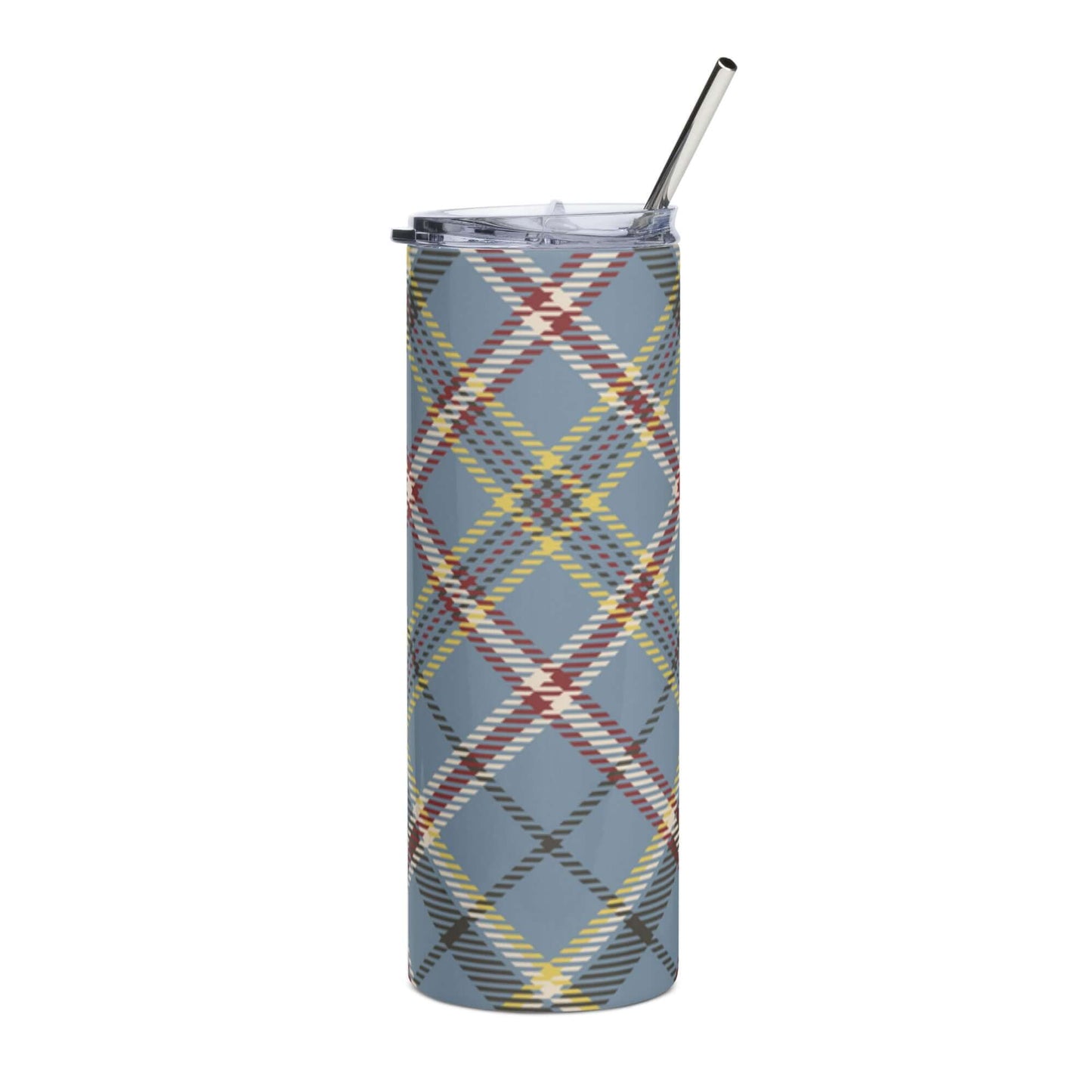 Stainless Steel Tumbler with lid and Straw - Blue Tartan Plaid Pattern