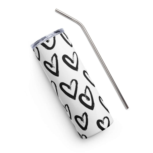 Stainless Steel Tumbler with lid and straw - Black heart on white background pattern