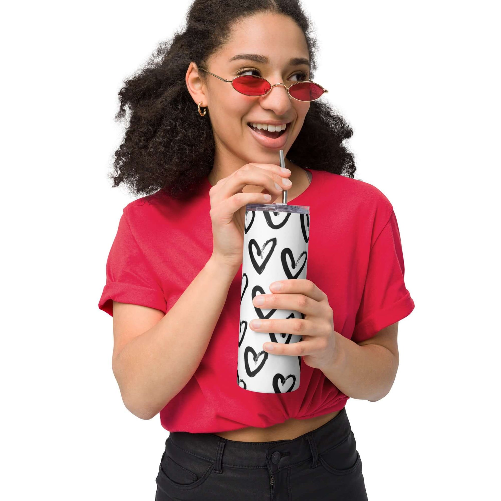 Stainless Steel Tumbler with lid and straw - Black heart on white background pattern