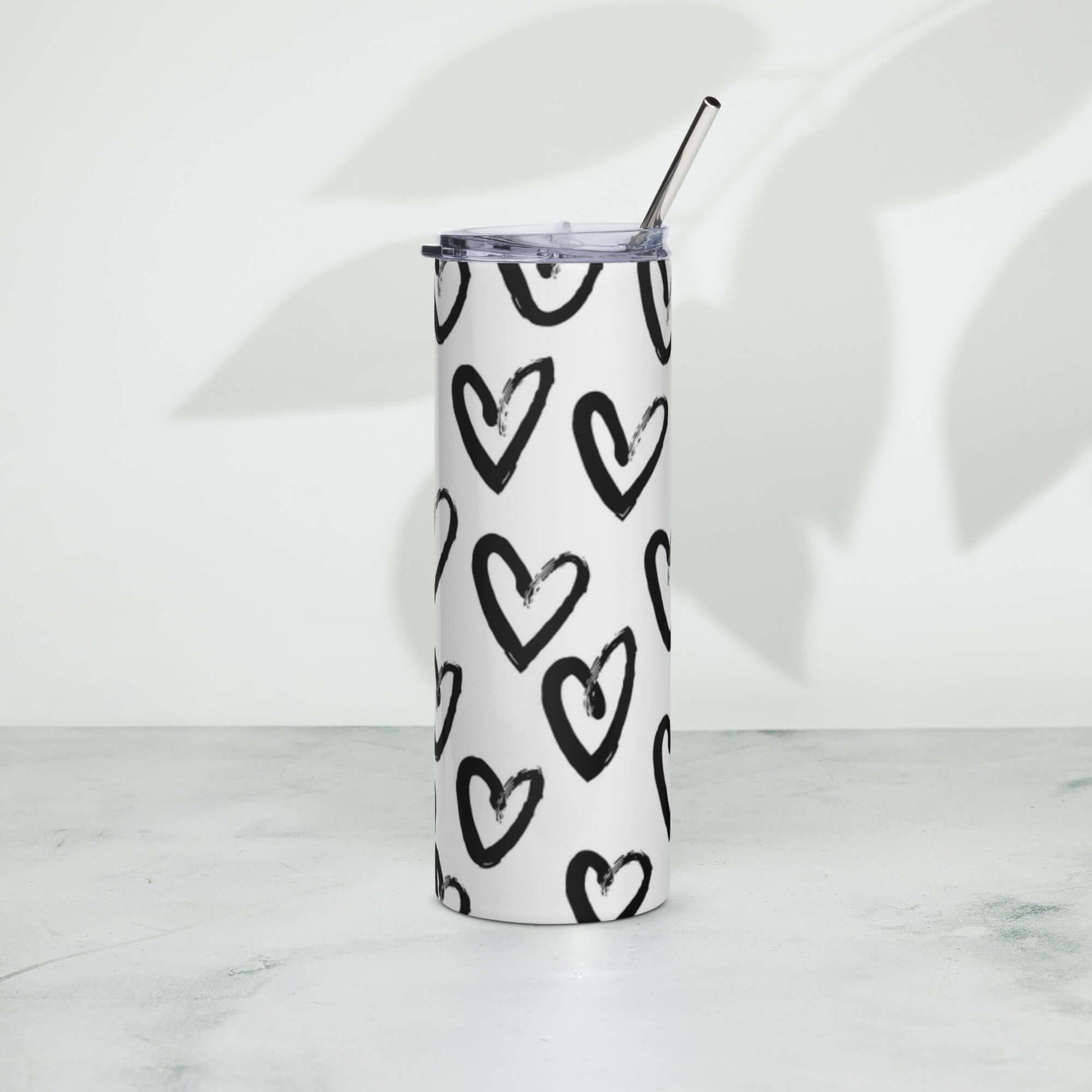 Stainless Steel Tumbler with lid and straw - Black heart on white background pattern