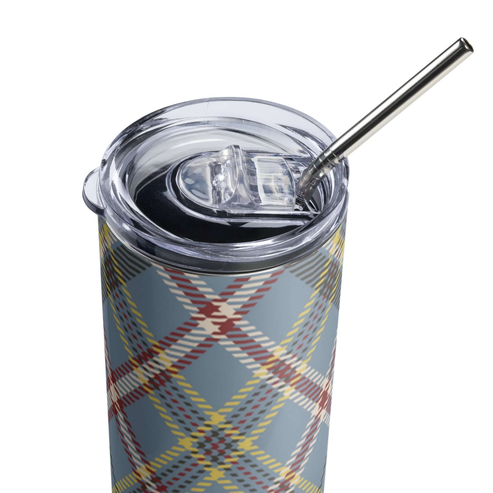 Stainless Steel Tumbler with lid and Straw - Blue Tartan Plaid Pattern