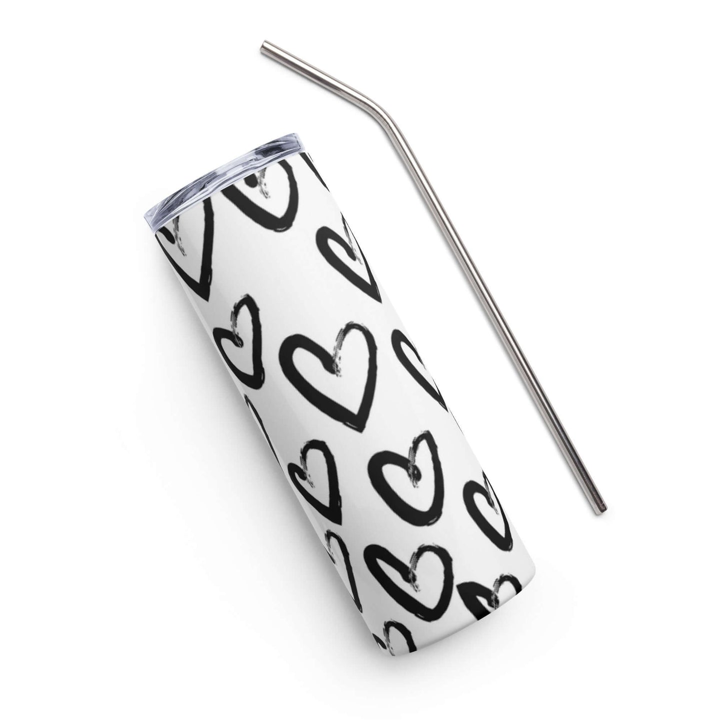 Stainless Steel Tumbler with lid and straw - Black heart on white background pattern