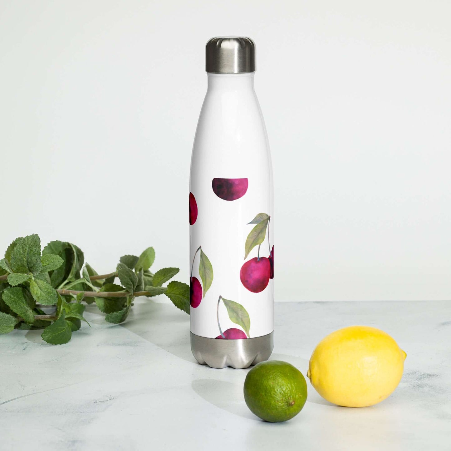 Stainless Steel Water Bottle - Cherry Pattern white background