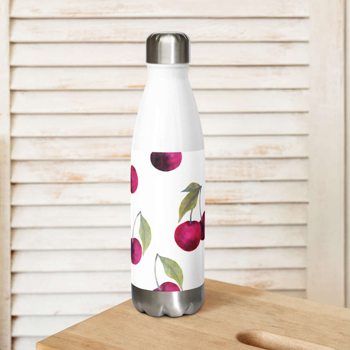 Stainless Steel Water Bottle - Cherry Pattern white background